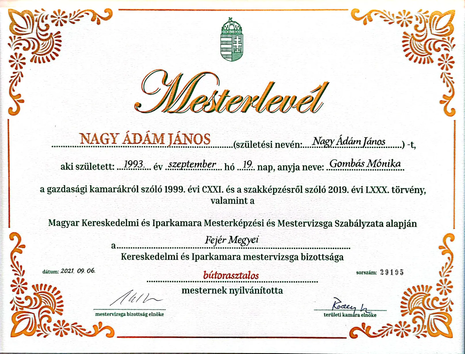 Nagy Ádám János asztalos mesterlevele